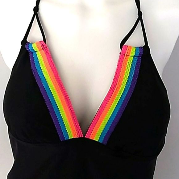 OP Black Tankini W/ Rainbow Crocheted Detail. - Picture 2 of 6